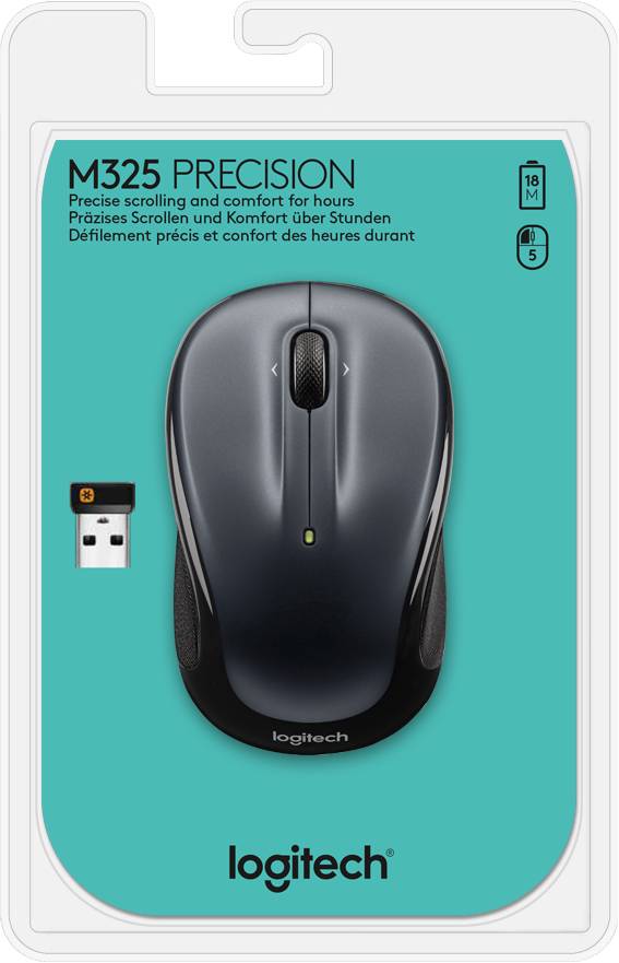 Logitech Wireless Mouse M325 (Dark Silver) Unifying USB receiver 5 buttons Micro precise scrolling Laser grade tracking