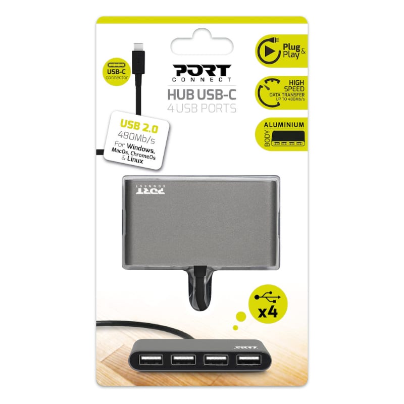 Port USB Type-C to 4 x USB2.0 480Mbs 4 Port Hub - Black