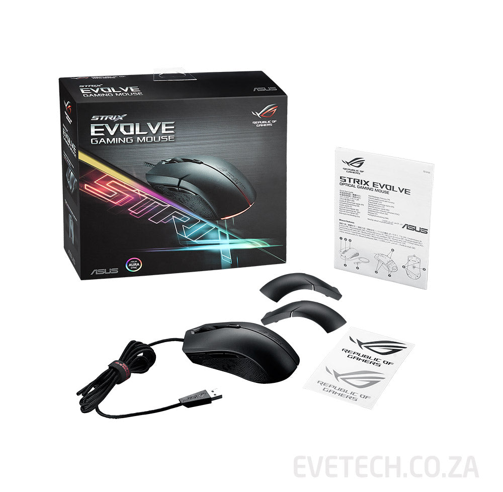 ASUS ROG Strix Evolve Aura RGB Optical Ergonomic Ambidextrous Gaming Mouse (7200 DPI) / Aura Sync RGB lighting / Swappable top covers / Durable 50-million-click Omron switches / STRIX EVOLVE