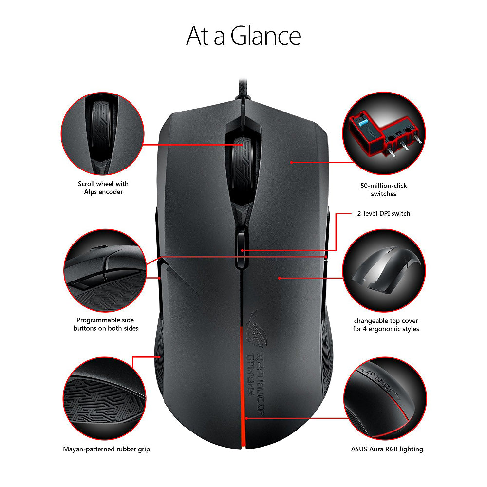 ASUS ROG Strix Evolve Aura RGB Optical Ergonomic Ambidextrous Gaming Mouse (7200 DPI) / Aura Sync RGB lighting / Swappable top covers / Durable 50-million-click Omron switches / STRIX EVOLVE